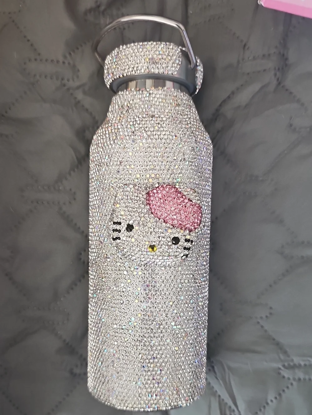 Bling Cat Crystal Water Bottle - Silver with Pink Accent